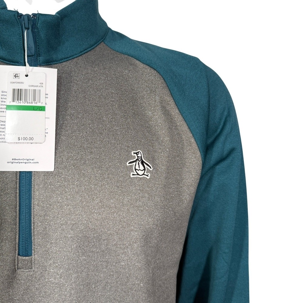 Original Penguin‎ Mens 1/4 Zip Pullover Sweatshirt Gray Teal Long Sleeve Size L